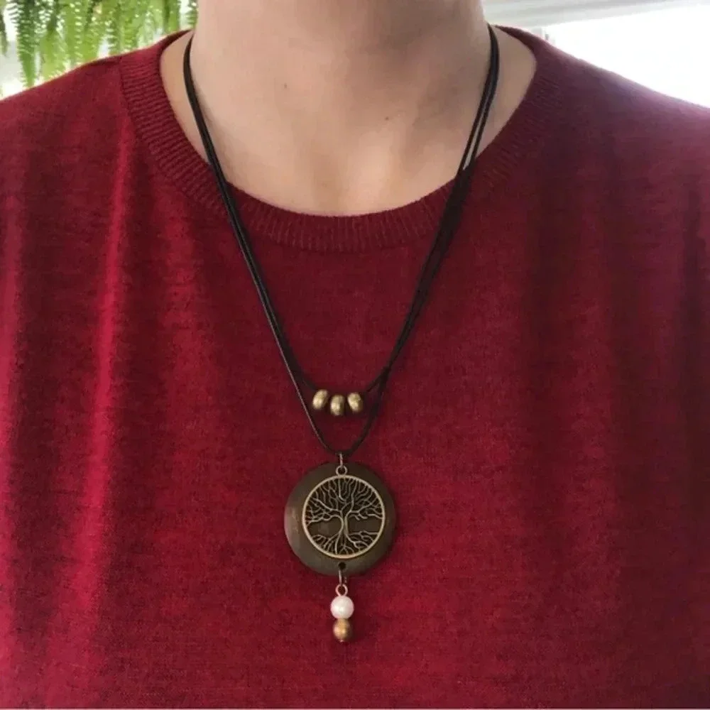Tree of Life Necklace Double Strand Wood Waxed Cord NWT